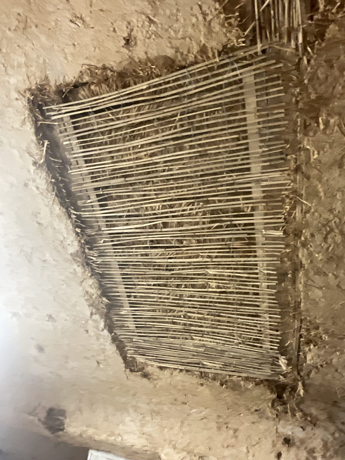 Putzträger in Fehlstelle der Lehmdecke montiert Putzträger in Fehlstelle der Lehmdecke montiert